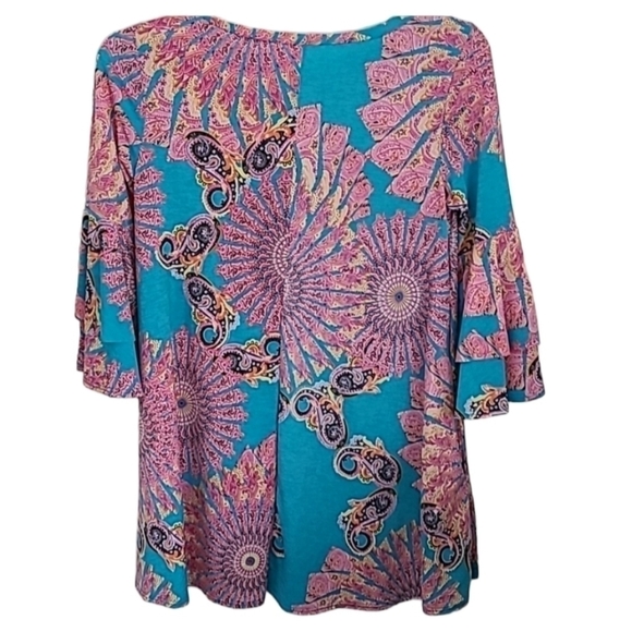 PINK & Teal Paisley Tunic Top with Bell Sleeves & Pockets Size Small - Picture 2 of 7